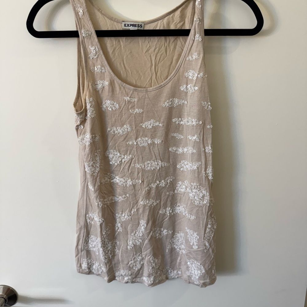 Express Tan and White Sequin Cloud Tank Top